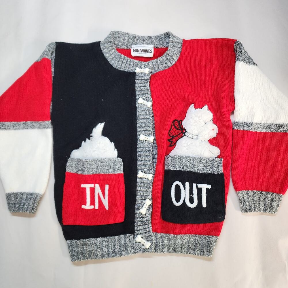 Vintage Miniwaves Kids Scotty Dog Cardigan Sweater Size 4T/5T Colorblock 90s